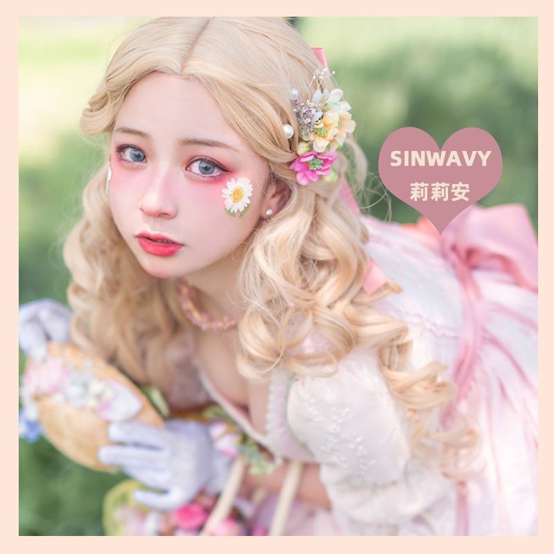 Swanjia-Light Golden Color Medium-Parted Bangs, Small Waves, Long Curly Hair, European and American Style Elf Queen Cosplay Anime Wig for Women