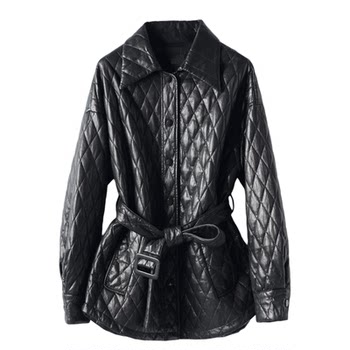 Genuine leather women's regular lace-up black sheepskin jacket