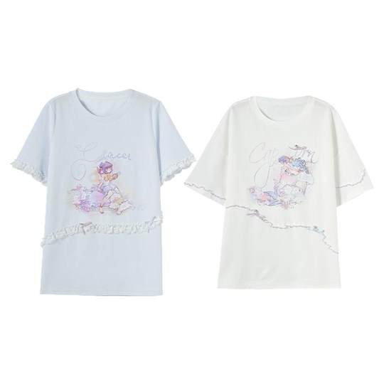 森女部落原创星座系列印花蕾丝花边短袖T恤女多巴胺少女纯棉上衣