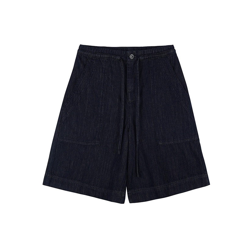 Dark blue drawstring denim midi pants women's loose slimming shorts