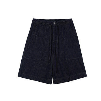 Dark blue drawstring denim midi pants women's loose slimming shorts