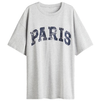 Hm ເສື້ອທີເຊີດແມ່ຍິງ summer printed round neck american loose cotton drop shoulder short sleeve lazy t-shirt 1296379