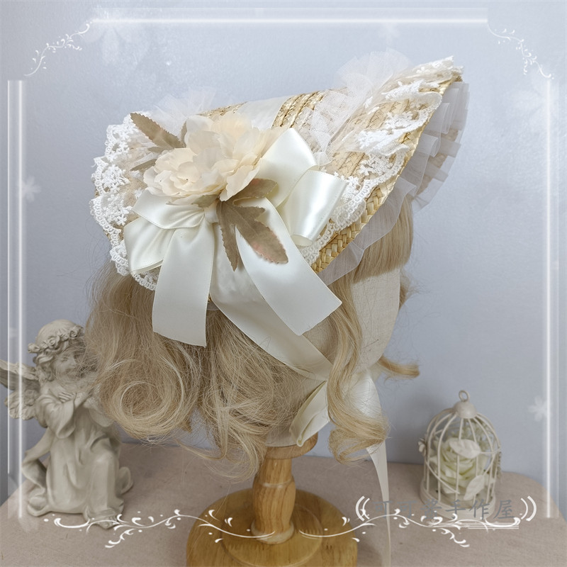 Handmade multi-colored Lolita hat, Bonnet flat hat, pastoral style Lolita straw hat, BNT antique style hat for summer.