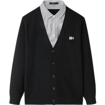HLA Hai Lan House black double collar sweater 2024 autumn new cardigan warm pullover fake two pieces for men