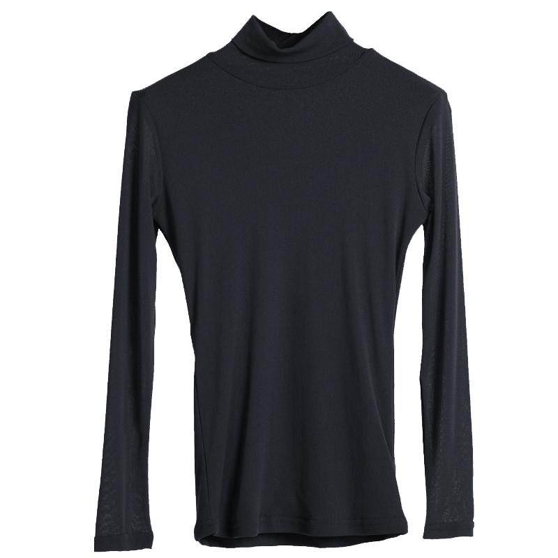 秋装2025新款高领网纱打底衫女长袖黑色沙体t恤蕾丝上衣加绒纱衣