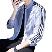 Ice silk sun protection clothing for men summer mesh breathable loose jacket boys trendy breathable and thin striped sun protection clothing