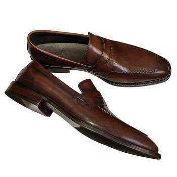 Kanoweishi color-brushed loafers for men with first-layer cowhide leather
