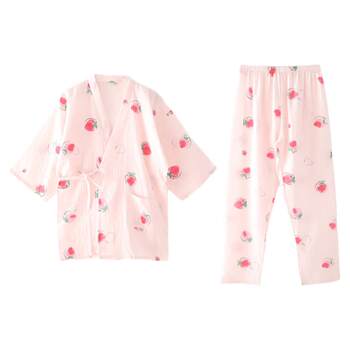 Summer ບາງໆຝ້າຍບໍລິສຸດ gauze ins ຍີ່ປຸ່ນ strawberry ວ່າງສັ້ນ trousers ຝ້າຍ kimono ແບບ pajamas ເຄື່ອງນຸ່ງຫົ່ມເຮືອນຊຸດສໍາລັບແມ່ຍິງ
