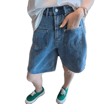 Retro denim shorts for women summer new large size high-waisted straight loose wide-leg mid-length pants for small people