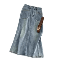 High-waist slit denim skirt for women spring and autumn new A-line skirt for pear-shaped figure covering the crotch and slimming mid-length skirt