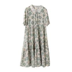 Boucherie Floral Long Skirt New Lace Doll Collar Summer Dress Women 2024 Chiffon Short Sleeve Age Reduction Skirt