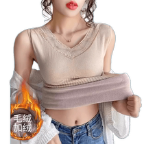 Northeastern plus velvet thermal underwear for women in winter with chest pads lace V-neck thickened one-piece velvet bottoming shirt with vest inside