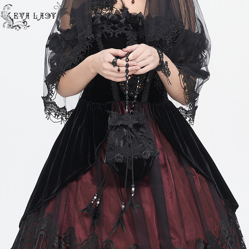 EVA Lady's Devilish Fashion Lolita Dark Gothic Velvet Floral Mesh Handbag