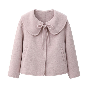 High-end pink double-sided wool coat short style with a touch of gold