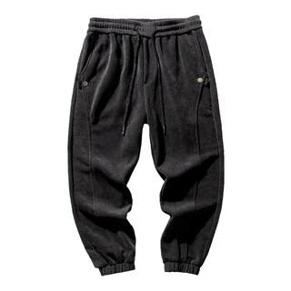 加绒加厚束脚卫裤男冬季宽松潮牌大码裤子男士潮流拼接休闲裤男裤