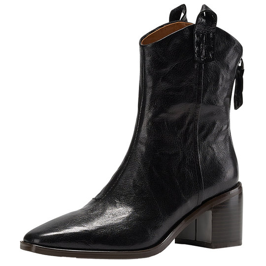 RosaBianca轻奢羊皮 加绒手抓纹尖头短靴女秋冬V口粗跟时装瘦瘦靴