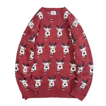 BDCT Original Couple Christmas Sweater Men's Thick Winter Retro Red Loose Korean Style Sweater Knitwear