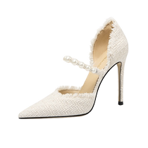 LilyWei French style small fragrant high-heeled shoes are not tiring for the feet. One-line pearl sandals wedding shoes large size 41-43