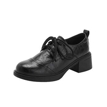 Retro style velvet lace-up chunky heel leather shoes