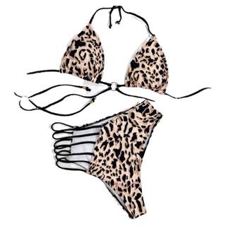 豹纹分体泳衣辣妹性感绑带高腰遮肚比基尼小胸聚拢沙滩度假bikini