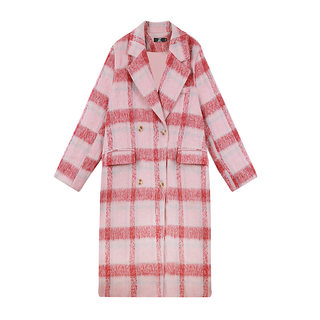 Temperament retro pink plaid wool coat