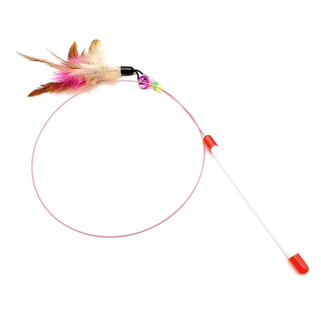 Extra long steel wire cat teasing wand with bells and feathers