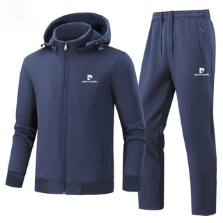 皮尔卡丹加绒加厚运动套装男秋冬可脱卸帽卫衣开衫中老年装两件套