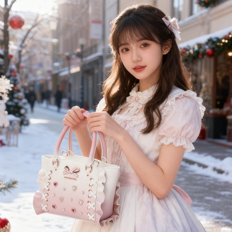 Samantha's sweet pink gradient Tot Lolita-style handbag with ribbon and ruffles, perfect for hand-carrying or crossbody.