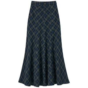 Halo luu blue plaid brushed skirt women's spring 2026 new skirt retro thickened a-line long skirt