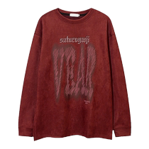 Plus size womens suede foam long-sleeved T-shirt for men and women summer American retro ins loose versatile printed sweatshirt
