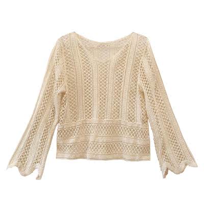Knitted hollow long-sleeved sunscreen blouse loose v-neck with a short thin top for women's foreign style holiday thin section