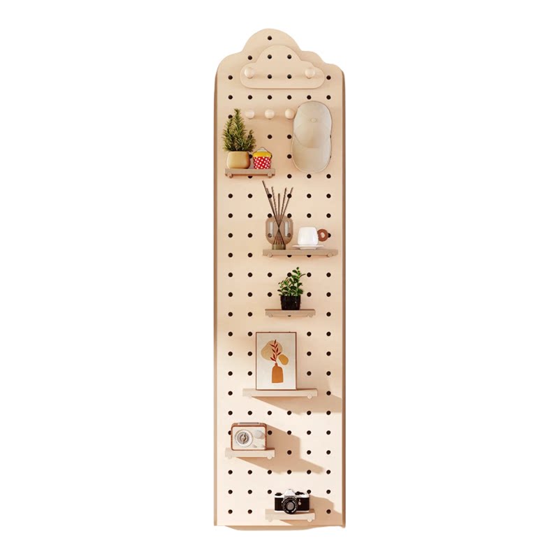 Narrow solid wood perforated board custom shelves on the wall