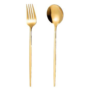 Food grade stainless steel gold spoon internet celebrity long handle golden spoon fork for eating soup spoon fork fork for western food household steel spoon