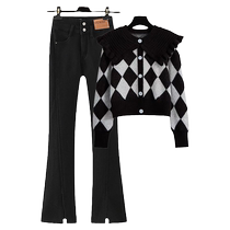 Tidal Navy Collar Knit Sweatshirt Open Fork Pants Jeans Jeans Suit Women Spring Autumn Ocean Air Reduction 100 lap Two sets