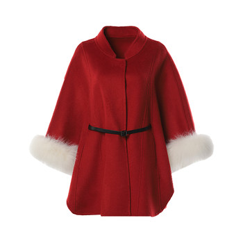 DPLAY Spring New Year cloak light luxury red detachable fox fur collar double-sided woolen coat for women