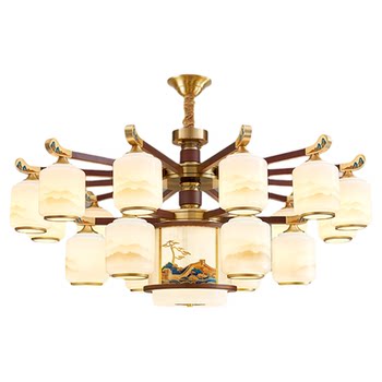 All copper new chinese style chandelier living room main light solid wood 2026 new high-end villa hall restaurant light whole house lighting