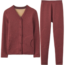 Red bean plus velvet thickened thermal underwear cardigan for middle-aged and elderly men and women parents knee pads winter wearable suit