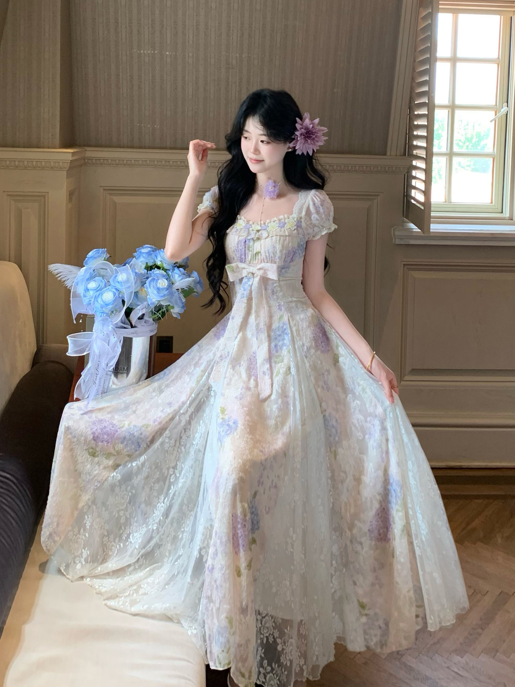 Blovelan Endless Summer Pale Purple Floral Lace Dress, Square Neckline, Puff Sleeves, Bow Tie, Fitted Waist, Full Skirt