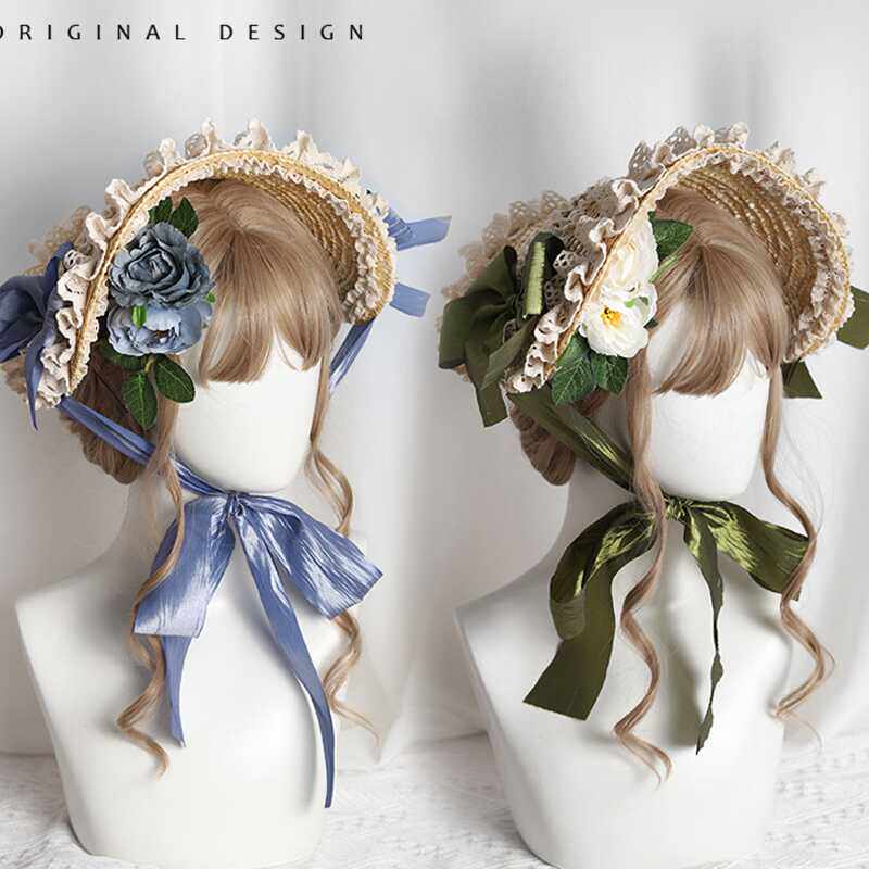 Lolita Bonnet straw hat hair accessory head flower Lolita hat French flat hat sweet and cute Japanese soft girl style