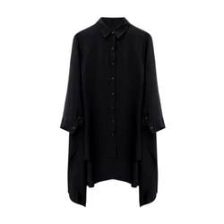 Mid -long ladies shirt cover ass 2024 early spring new POLO collar solid color design black long sleeve top