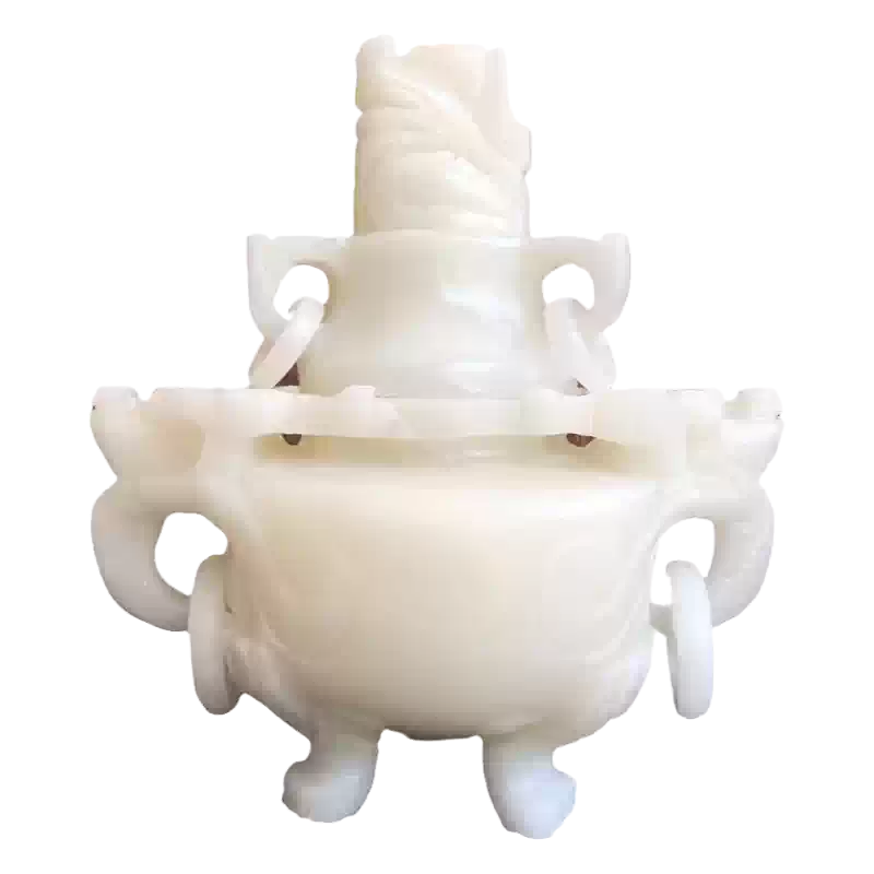 阿富汗白玉香炉仿古熏香炉镂空雕刻三足玉鼎桌面摆放玄关