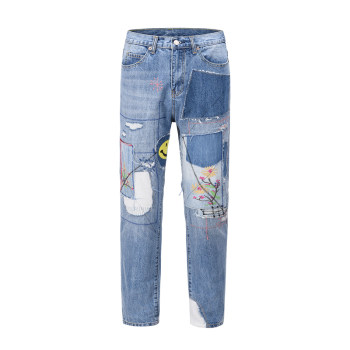 High Street Retro Distressed Floral Patch Disassembled Smiley Face Embroidered Patch Men's KAPITAL Style Straight Jeans