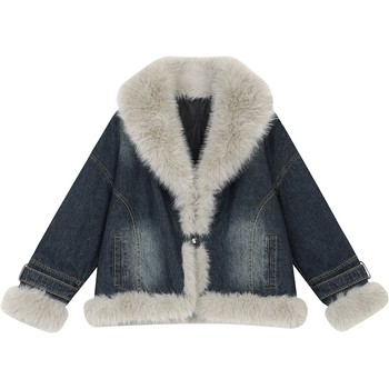 Fairy's Pocket Plush Big Lapel Patchwork Denim Cotton Jacket for Women 2025 Winter New Sweet and Elegant Style