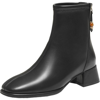 Tata his her boots women's 2025 winter new black fashion short boots thick heel plus velvet slim boots wyx04dd5