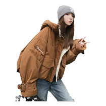 Brown retro workwear down cotton coat for women winter 2024 new design hooded short cotton coat and jacket for small people