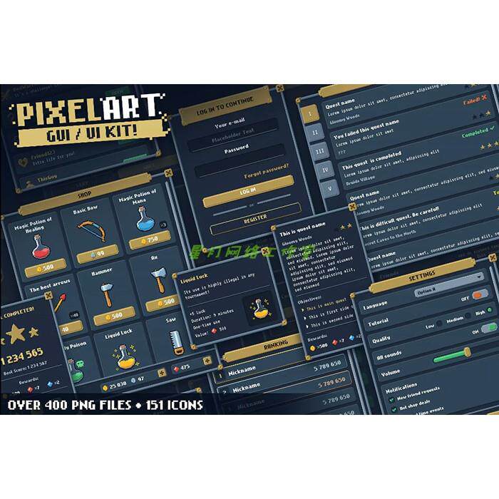Unity Pixel Art GUI / UI Kit + ไอคอน 151 แบบ! วัสดุอินเทอร์เฟซ Pixel UI 1.1