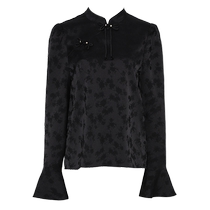 DPLAY2024 Autumn new Chinese style black stand-up collar slanted placket satin shirt Chinese style small shirt shirt top for women