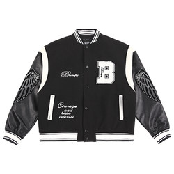 BLUESFLY trendy brand baseball uniform men's letter embroidered woolen jacket spliced ​​​PU black fitness training clothes