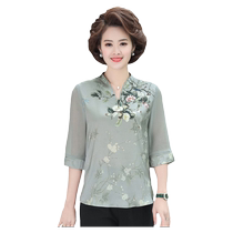 Moms summer silk T-shirt Western-style mid-sleeve shirt temperament national style middle-aged and elderly printed mulberry silk shirt