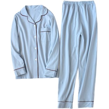 ຮູບແບບໃໝ່ຂອງຍີ່ປຸ່ນ knitted pajamas ລະດູໃບໄມ້ປົ່ງແລະດູໃບໄມ້ລົ່ນຂອງຜູ້ຊາຍ cardigan ຊຸດໃສ່ເຮືອນຂອງແມ່ຍິງແຂນຍາວແບບງ່າຍດາຍ